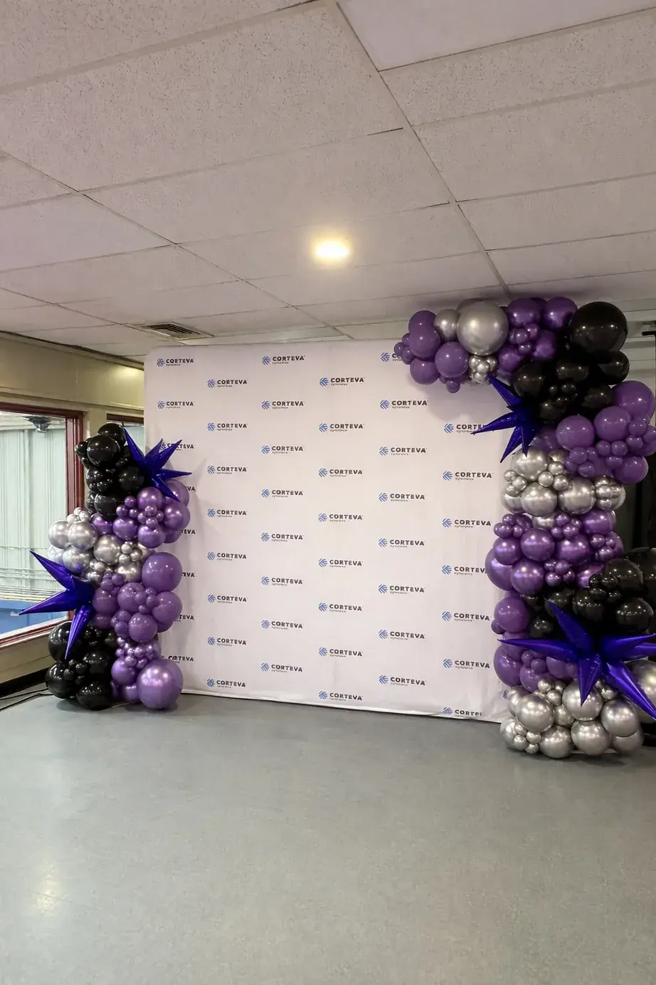 Step and repeat wall flanked by purple, silver and black balloon columns